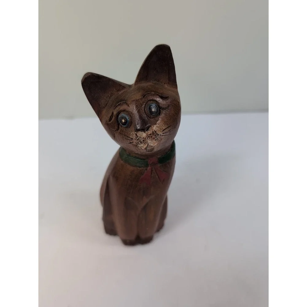 Vintage Wooden 7in Cat Sculpture‎ Handmade Folk Art